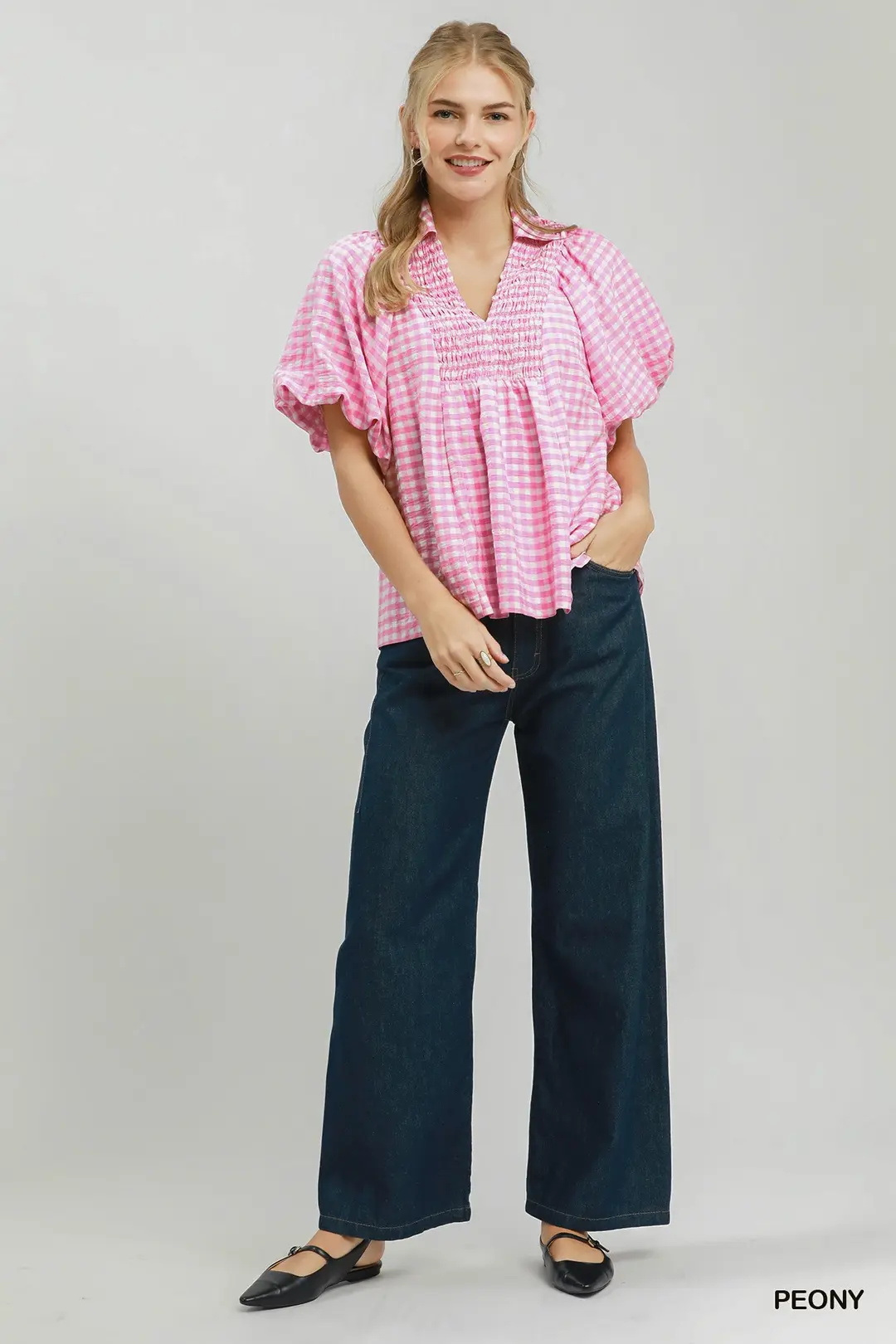 Smocked Yoke Puff Sleeve Gingham Blouse, image 4