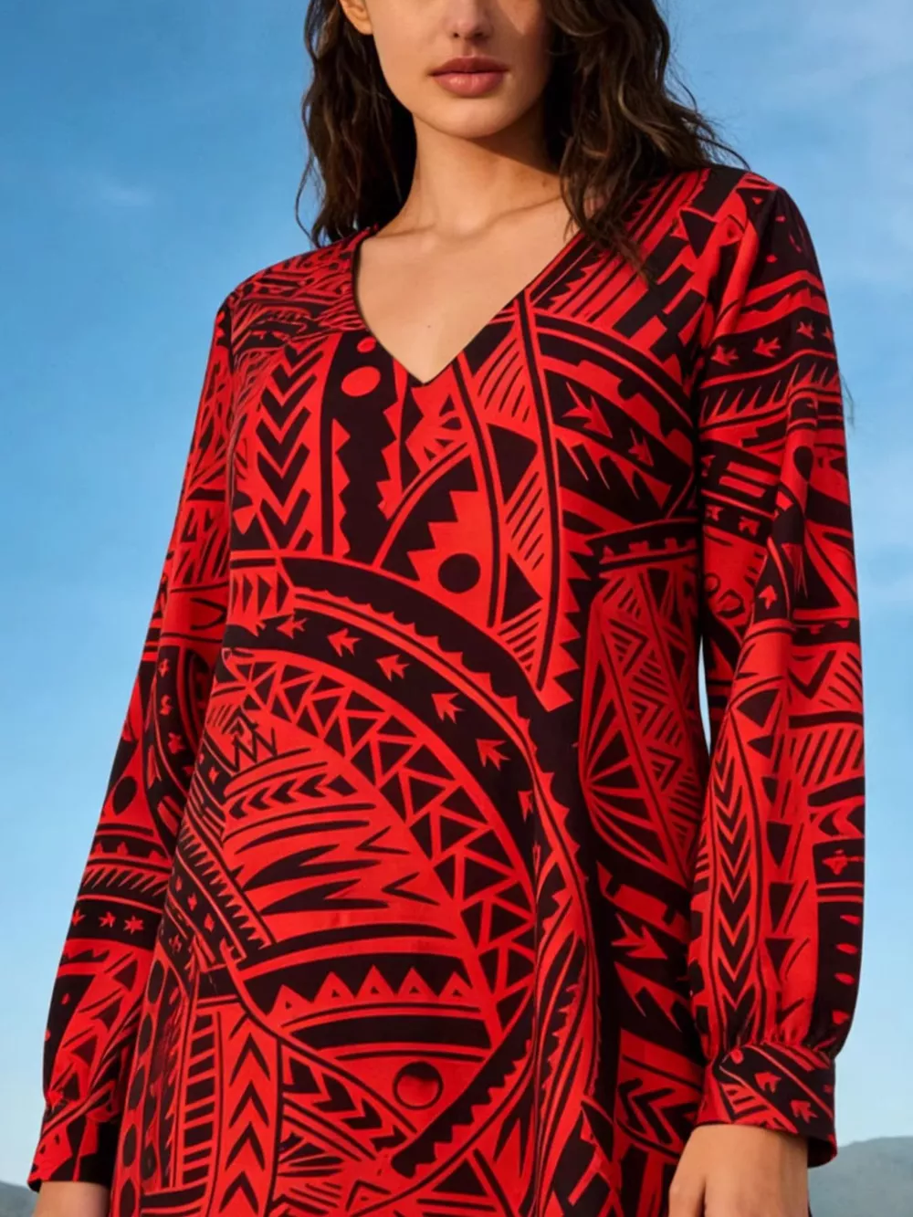 Tribal Print V-Neck Long Sleeve Dress, image 3