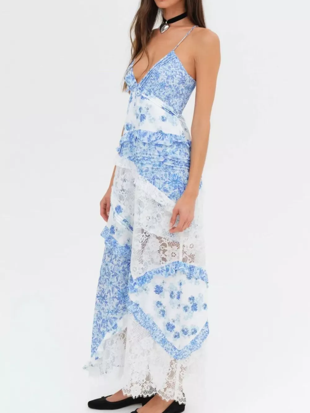 Lace Detail Ruffled Floral V-Neck Maxi Dress, image 17