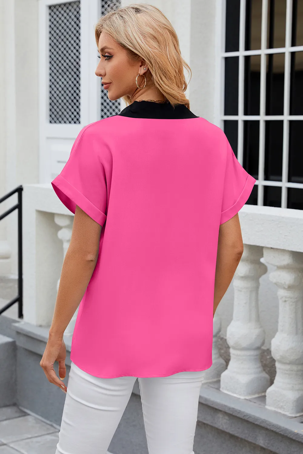 Contrast Johnny Collar Short Sleeve Blouse, image 16