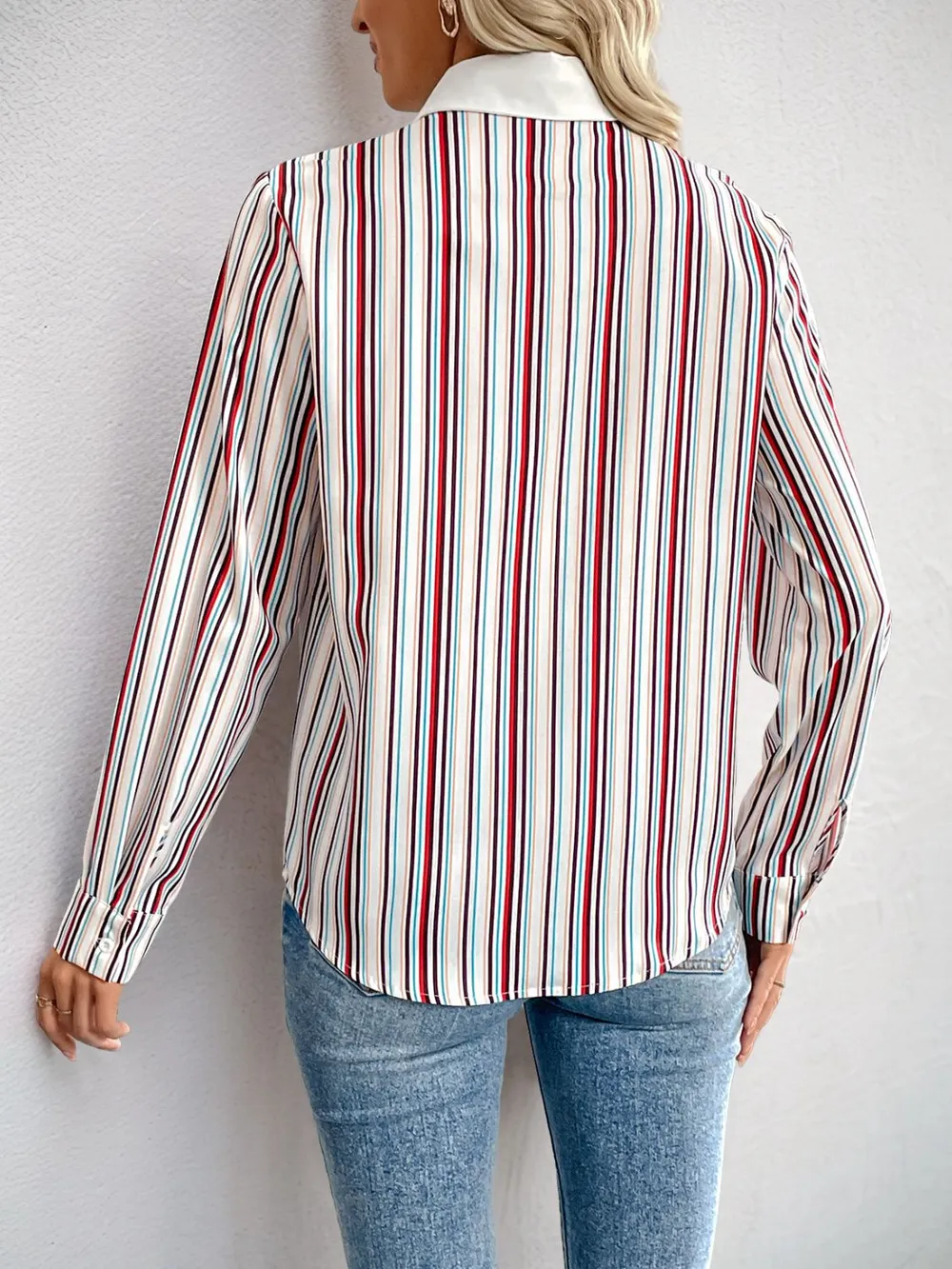 Contrast Striped Collared Neck Long Sleeve Shirt, image 7