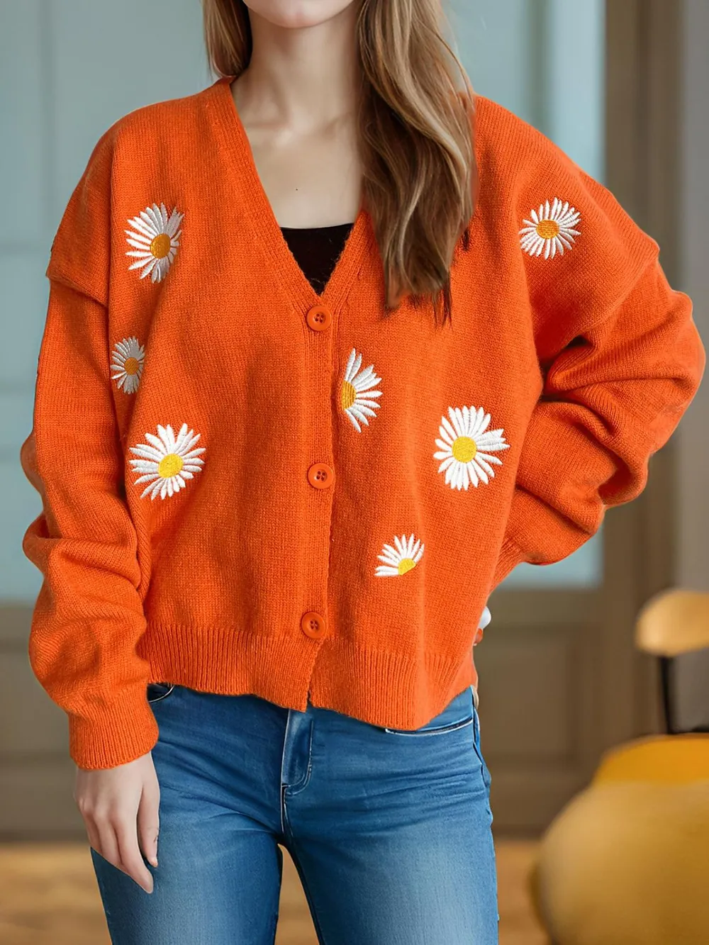 Daisy Button Up V-Neck Cardigan, image 2