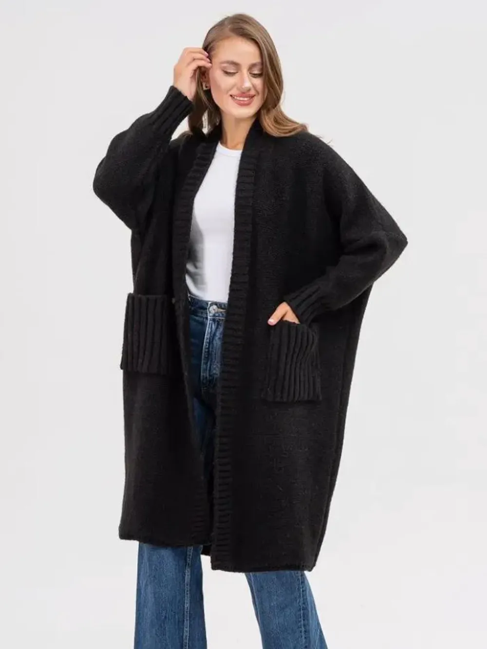 Pocketed Open Front Long Sleeve Longline Cardigan, image 11