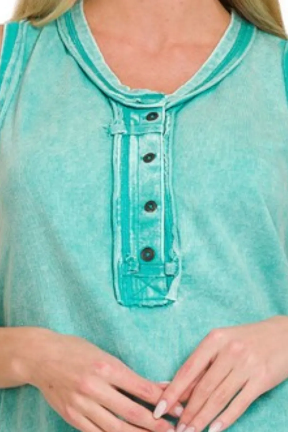 Washed Half-Button Raw Edge Sleeveless Henley Top, image 3