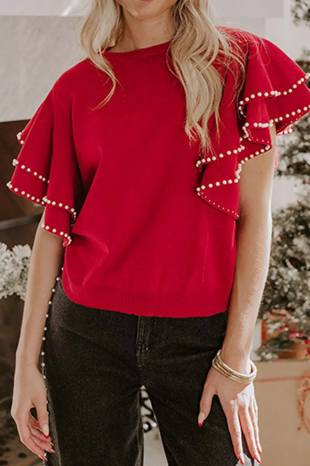 Ruffle Sleeve Pearl Embellished Knit Top, image 2