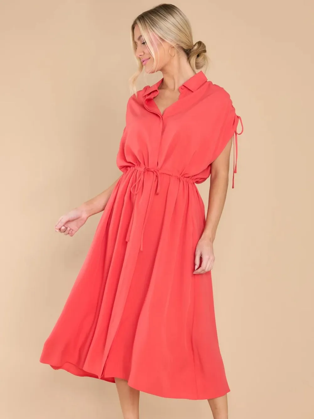 Drawstring Collared Neck Short Sleeve Midi Dress, image 6