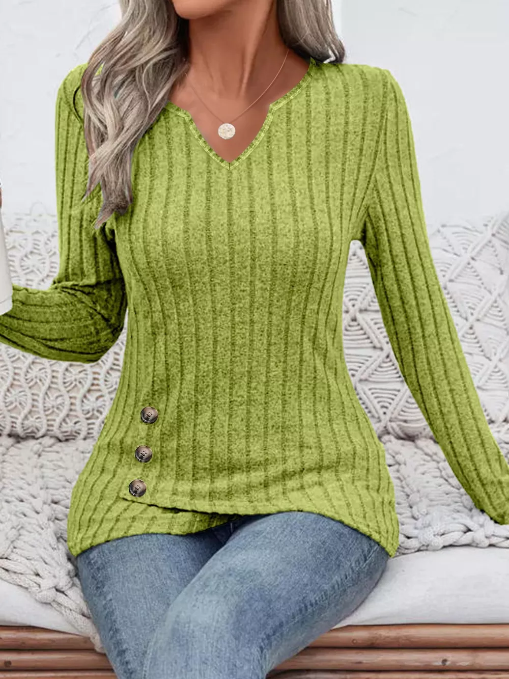 Ribbed Knit Notched Long Sleeve Top, image 4