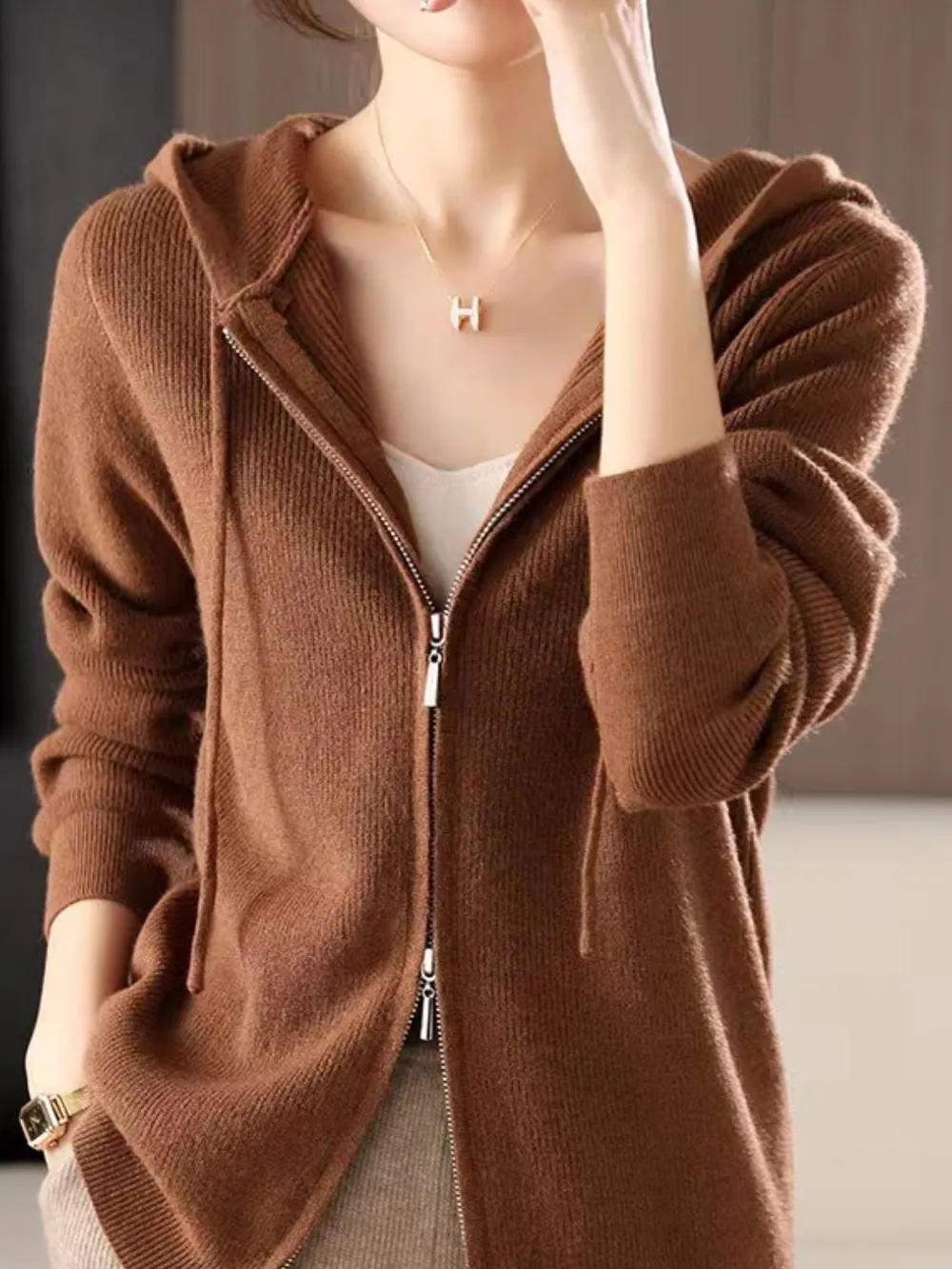 Drawstring Zip Up Long Sleeve Hooded Sweater, image 2
