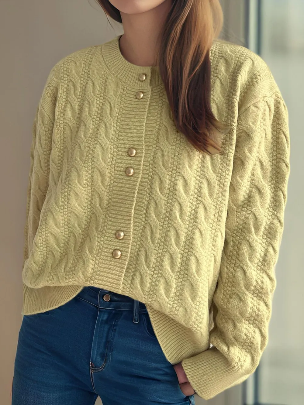Cable-Knit Round Neck Long Sleeve Cardigan, image 28