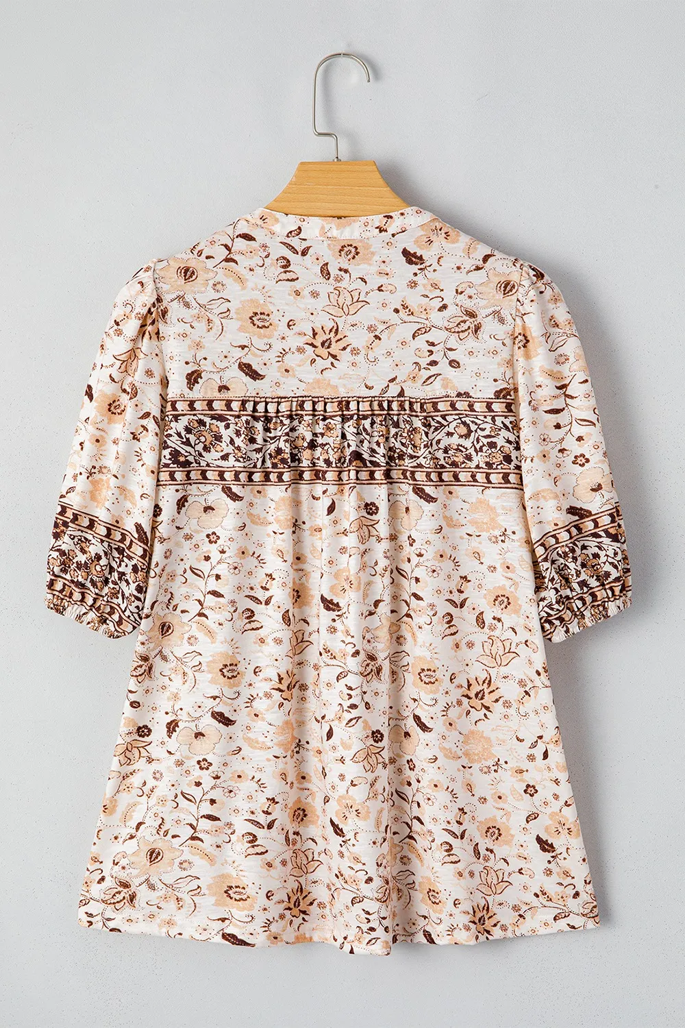 Boho Floral Print Half Placket Short Sleeve Loose Blouse, image 7
