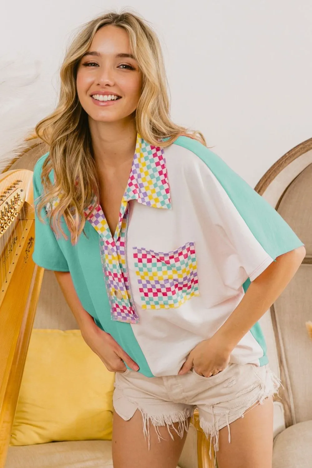 Color Block Knit with Multi Checker Contrast Top