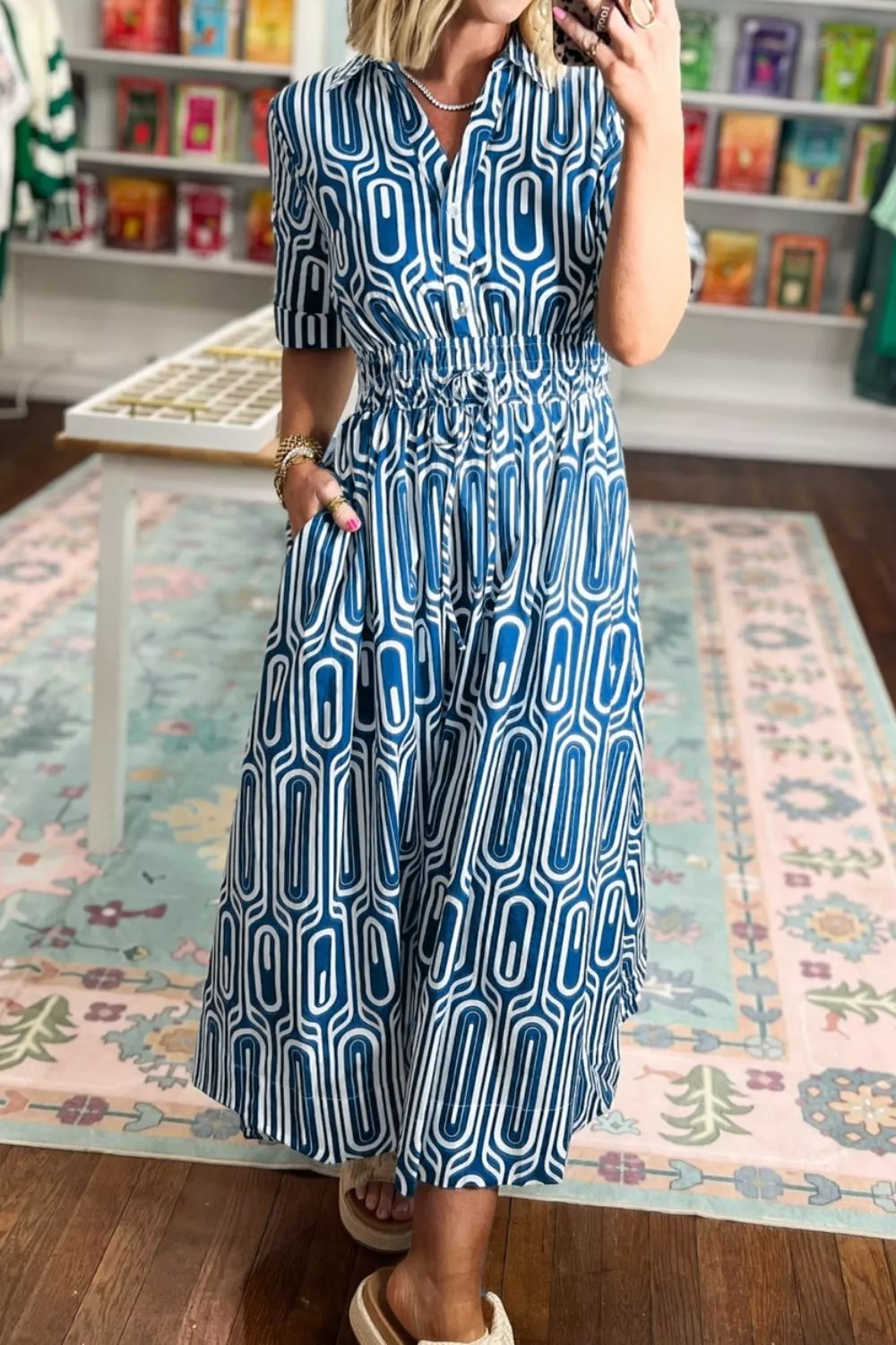 Geometric Print Short Sleeve Drawstring Shirt Collar Dress, image 3