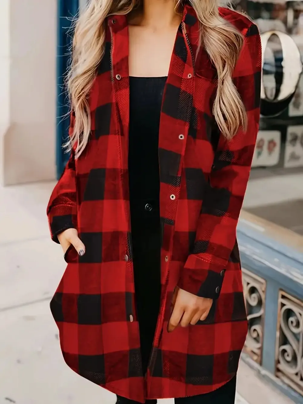 Plaid Collared Neck Snap Down Long Sleeve Jacket, image 5