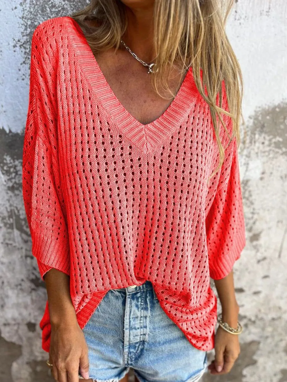 Full Size Openwork V-Neck Knit Cover Up Plus Size, image 2