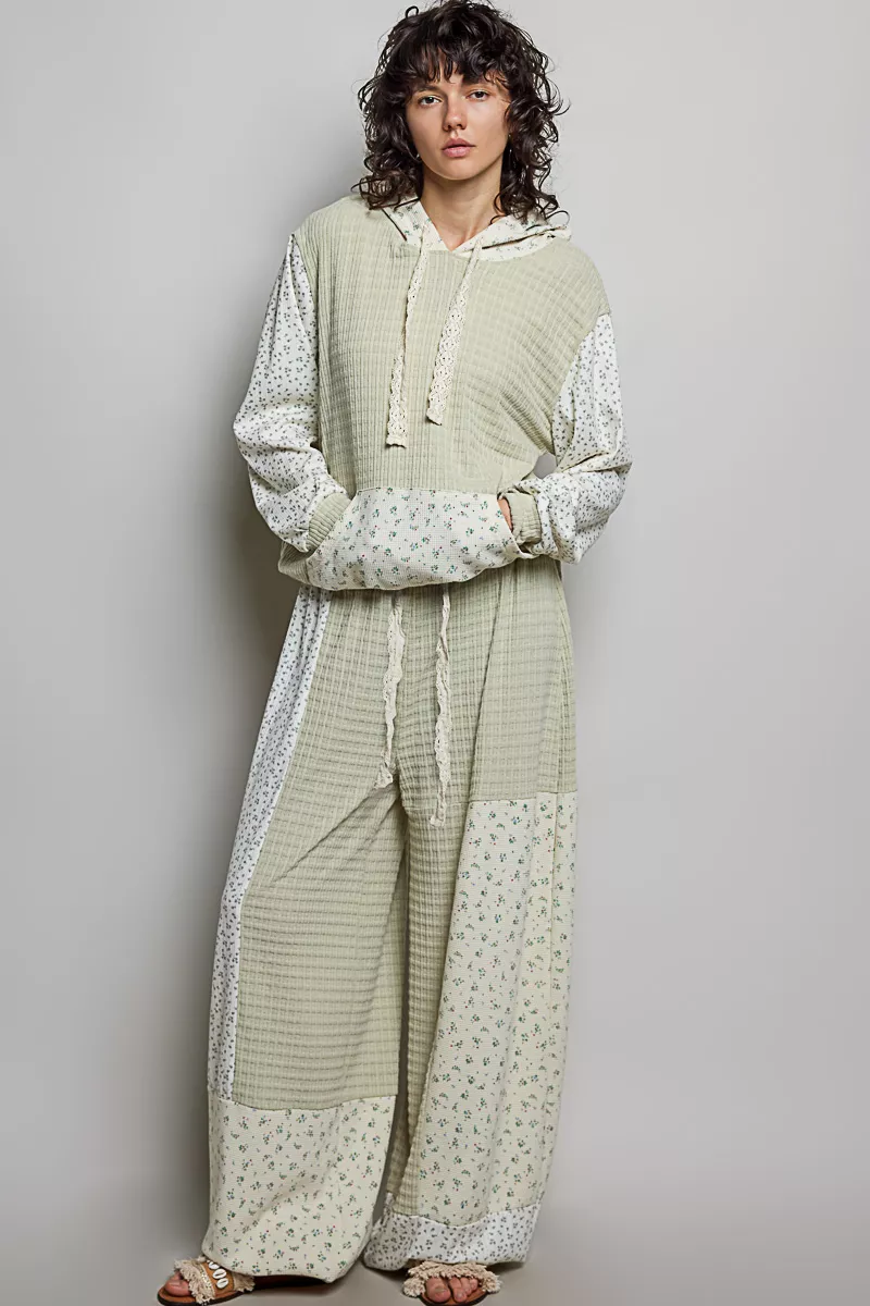 POL Mixed Knit Contrast Print Sleeve Hoodie with Kangaroo Pocket, image 5