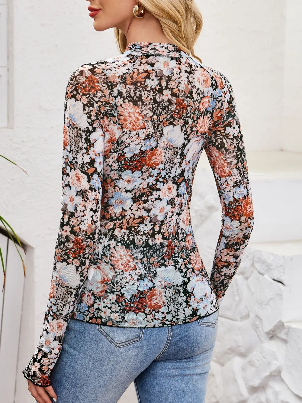 Floral Mock Neck Long Sleeve Top, image 21
