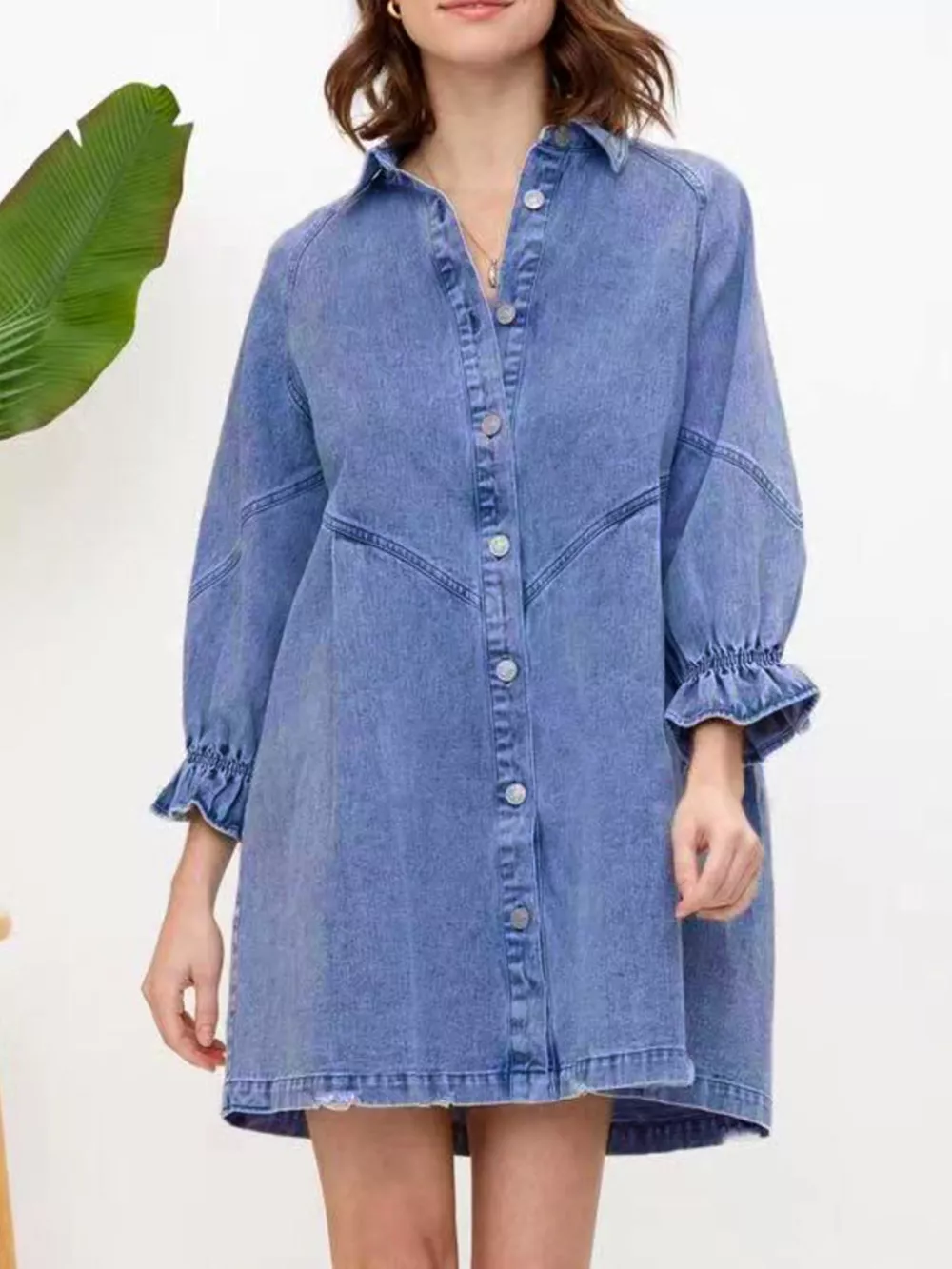 Ruffled Cuff Button-Down Denim Dress, image 4