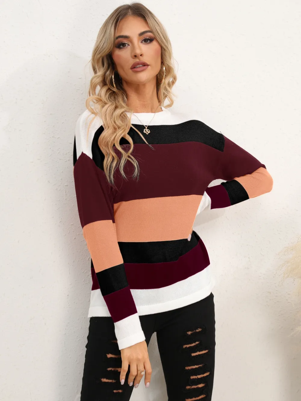 Striped Round Neck Dropped Shoulder Sweater, image 24