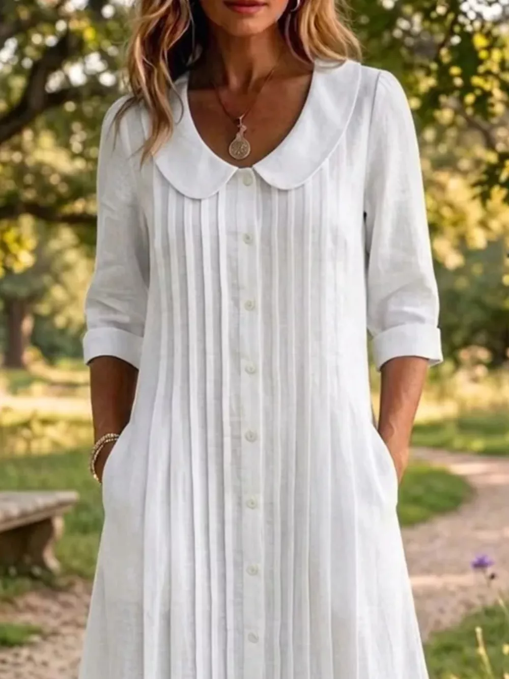Full Size Peter Pan Collar Button Down Dress Plus Size, image 2