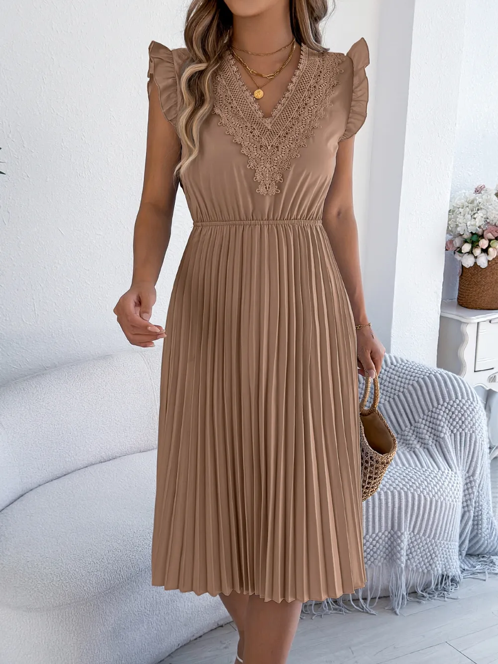 Lace Detail Ruffled Cap Sleeve Pleated Dress, image 9