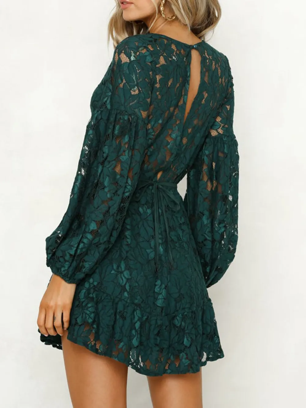 Lace V-Neck Long Sleeve Mini Dress, image 9