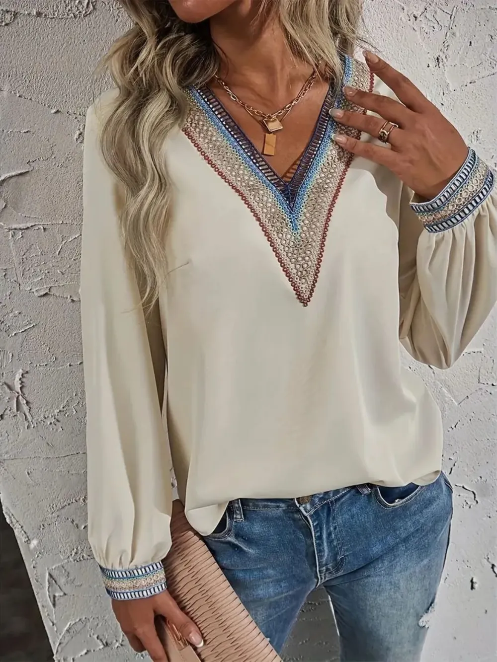 Contrast V-Neck Long Sleeve Blouse, image 3