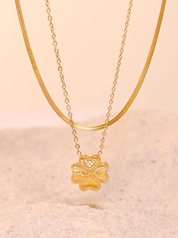 2 Piece 18K Gold-Plated Inlaid Zircon Lucky Clover Necklace, image 2