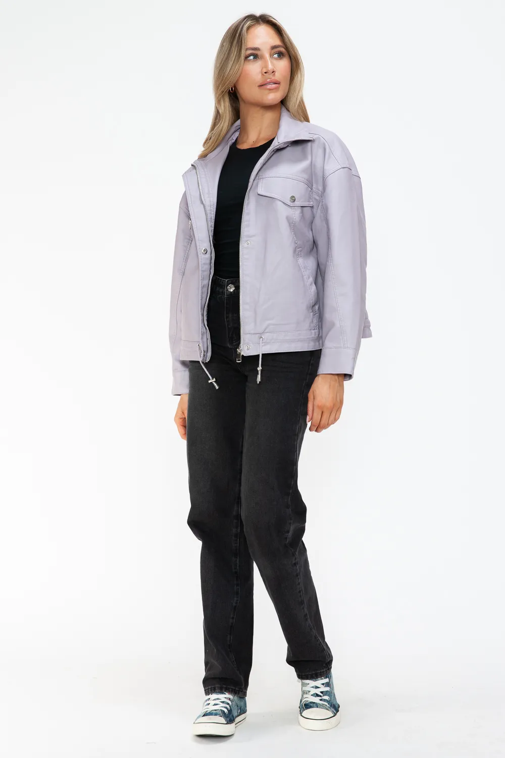 Drawstring Hem PU Leather Zip Up Jacket, image 22