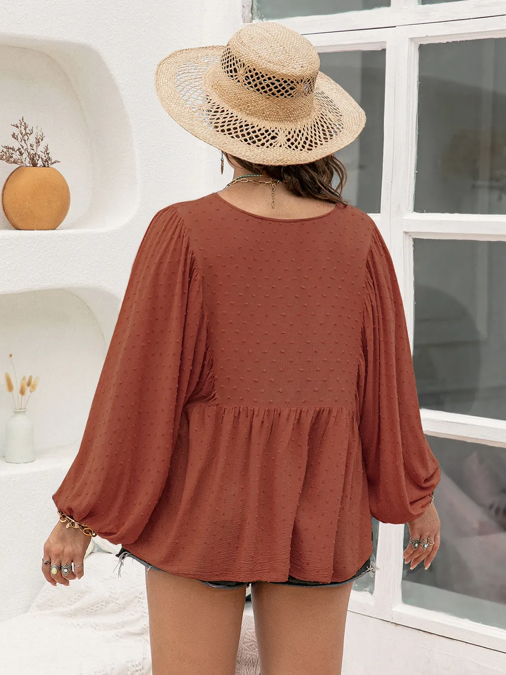 Plus Size Swiss Dot Tie Neck Long Sleeve Blouse, image 3