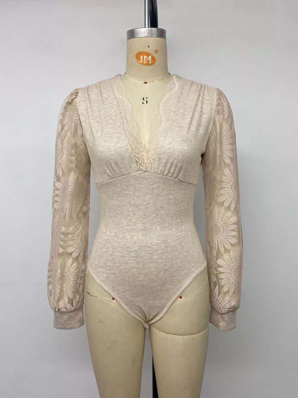 V-Neck Lace Trim Floral Mesh Sleeve Bodysuit, image 10