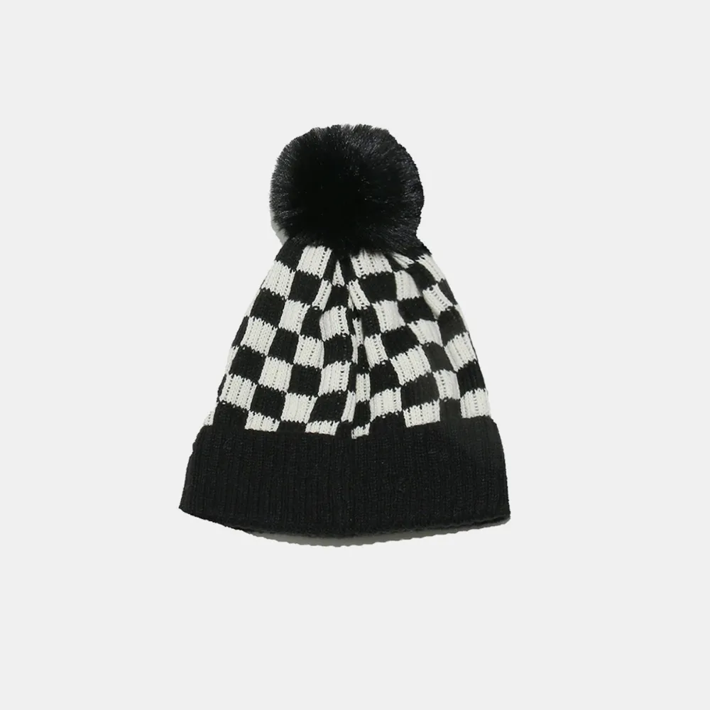 Checkered Knit Hat with Pompom, image 6