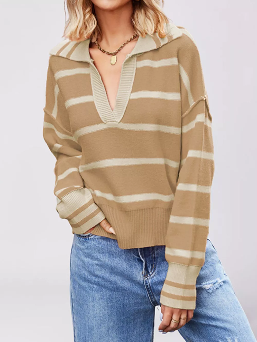 Striped Johnny Collar Dropped Shoulder Sweater, image 10