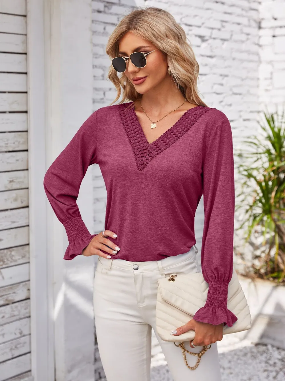 Smocked V-Neck Long Sleeve Blouse, image 23