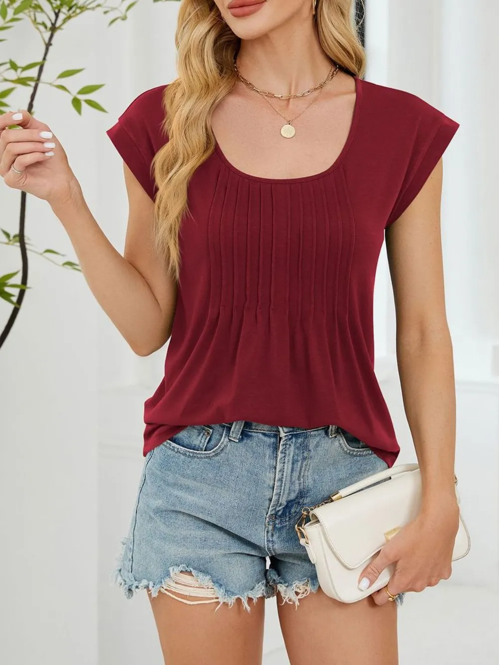Pleated Front Scoop Neck T-Shirt, image 20