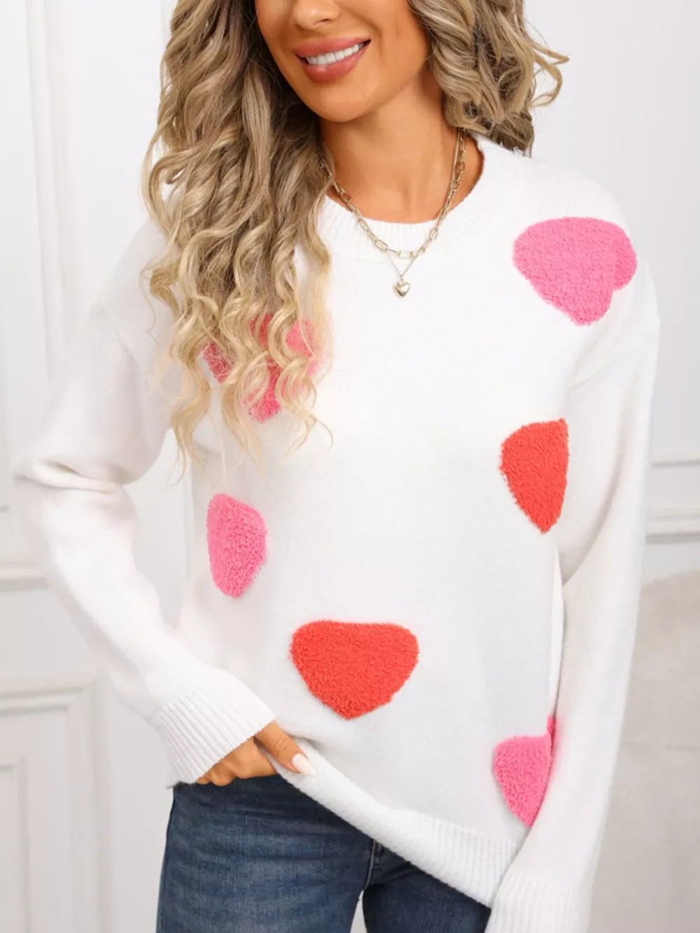 Valentine's Day Heart Pattern Long Sleeve Sweater, image 7