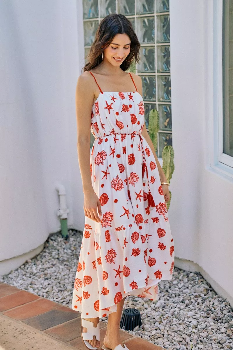 Shell Print Tiered Lined Midi Cami Dress With Belt, image 5