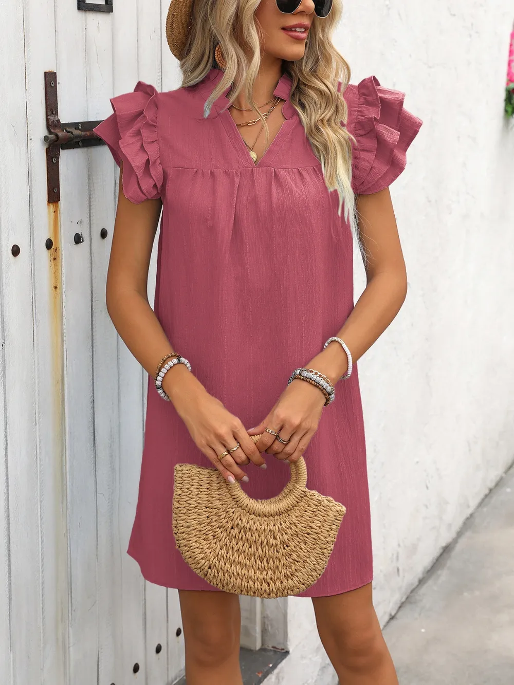 Ruffled Notched Cap Sleeve Mini Dress, image 23