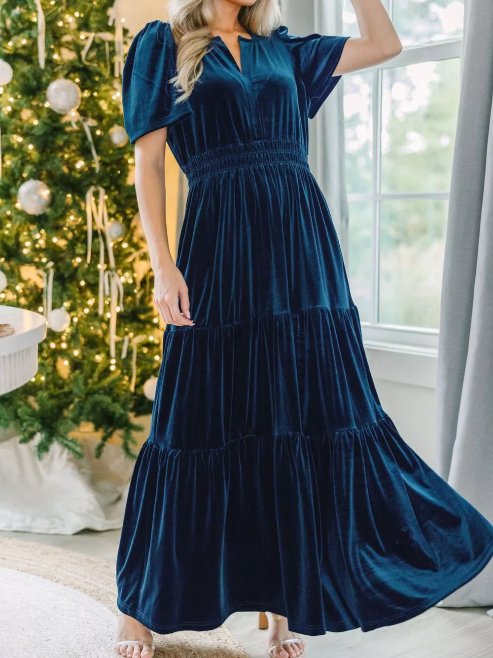 Velvet Tiered Short Sleeve Maxi Dress, image 9