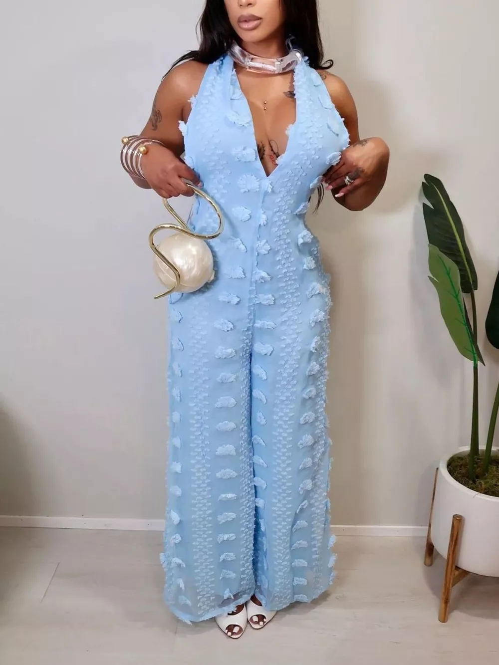 Textured Halter Wide-Leg Jumpsuit, image 3