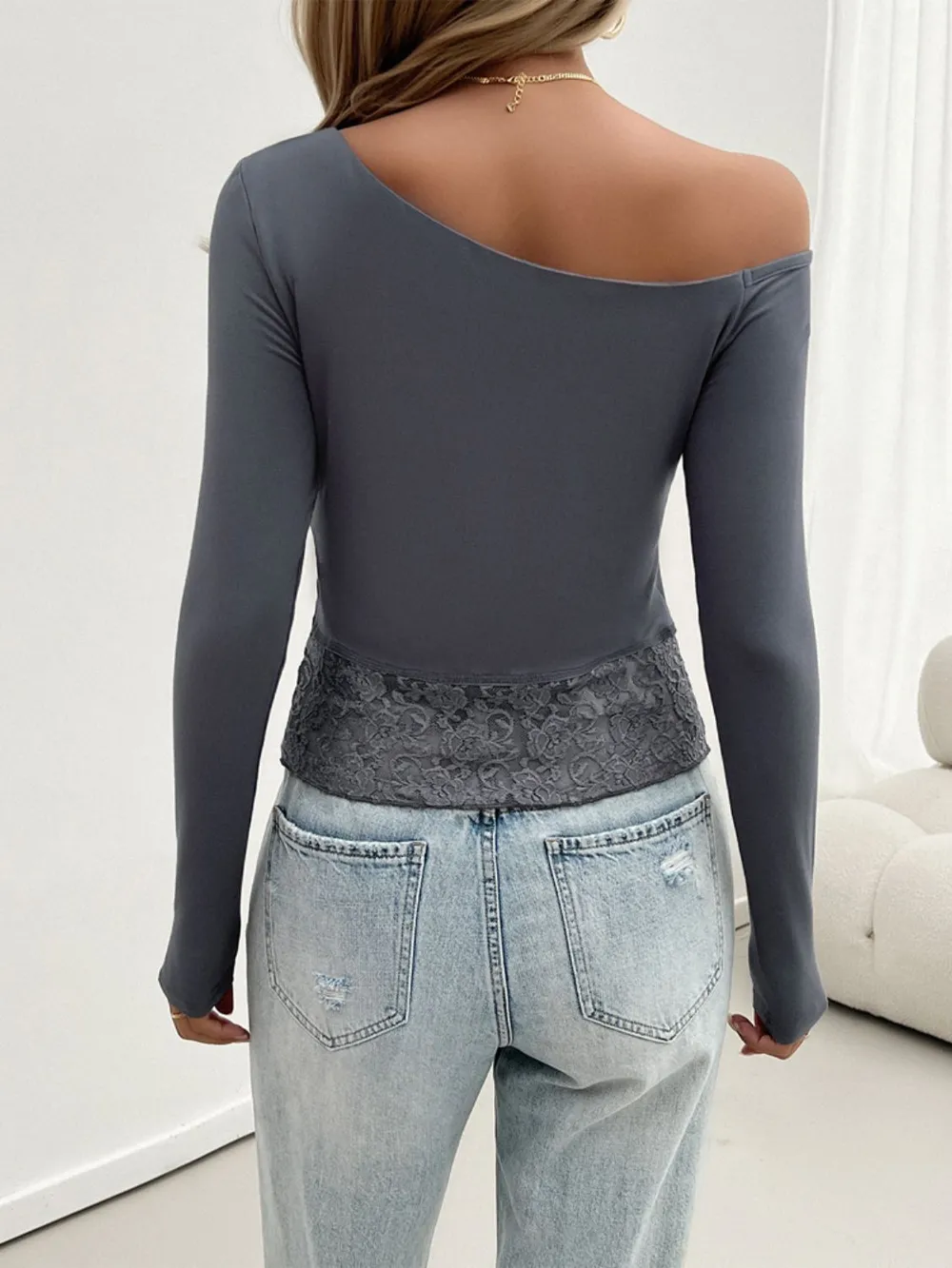 Single Shoulder Long Sleeve Lace T-Shirt, image 10