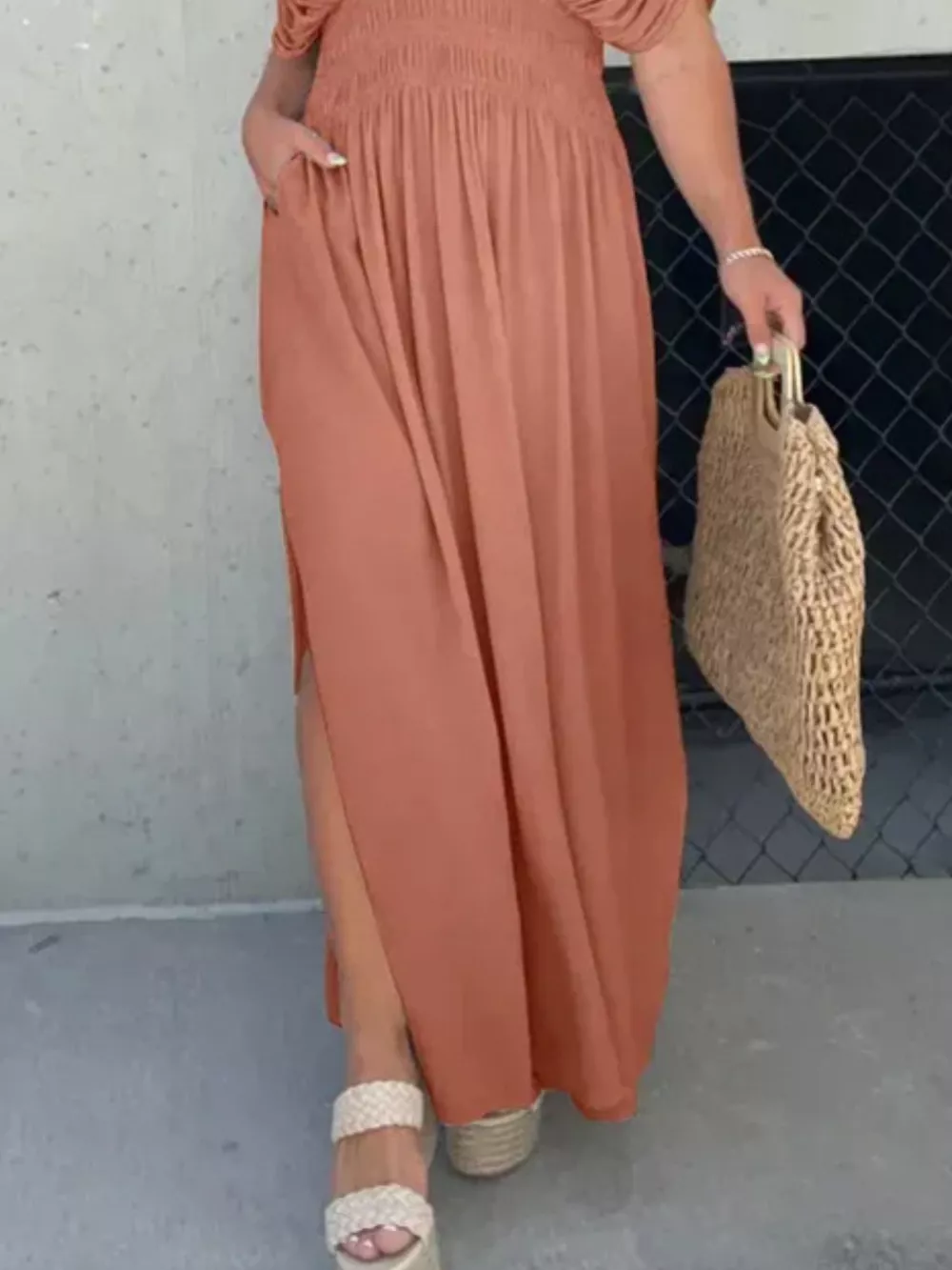 Full Size Slit V-Neck Smocked Waist Maxi Dress Plus Size, image 7