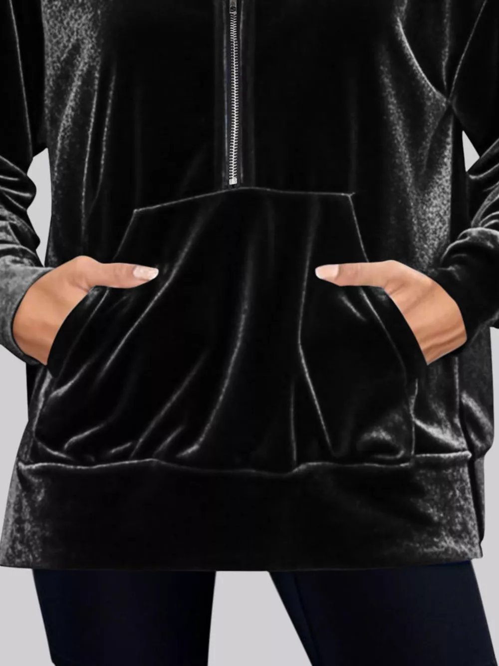 Full Size Velvet Half Zip Hoodie with Kangaroo Pocket Plus Size, image 10