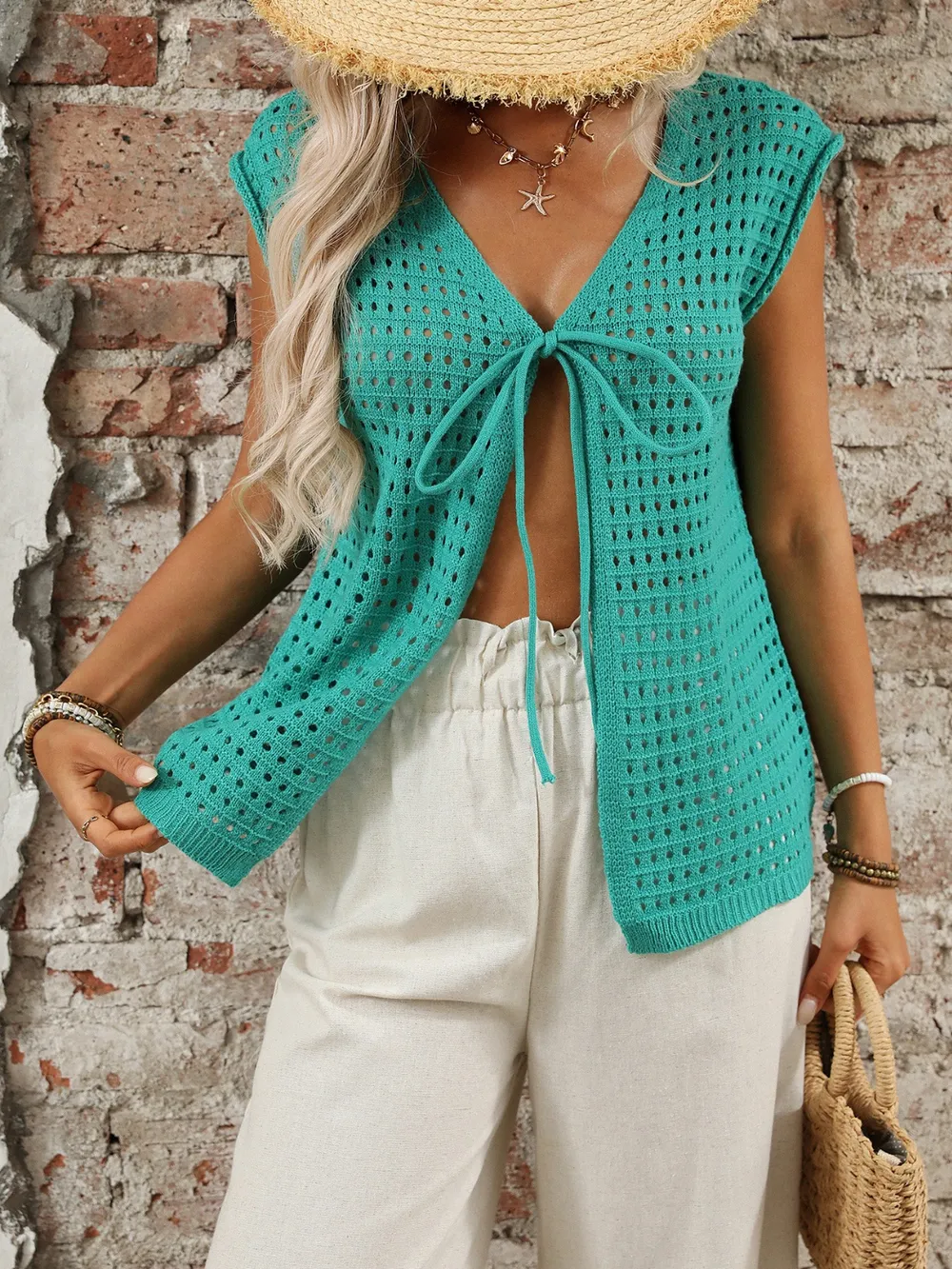 Tied Front Openwork V-Neck Knit Top, image 12