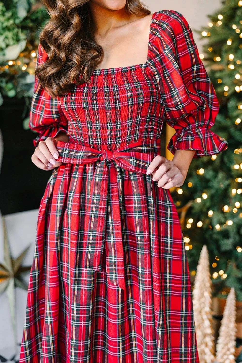Plaid Smocked Flounce Sleeve Midi Dress, image 5