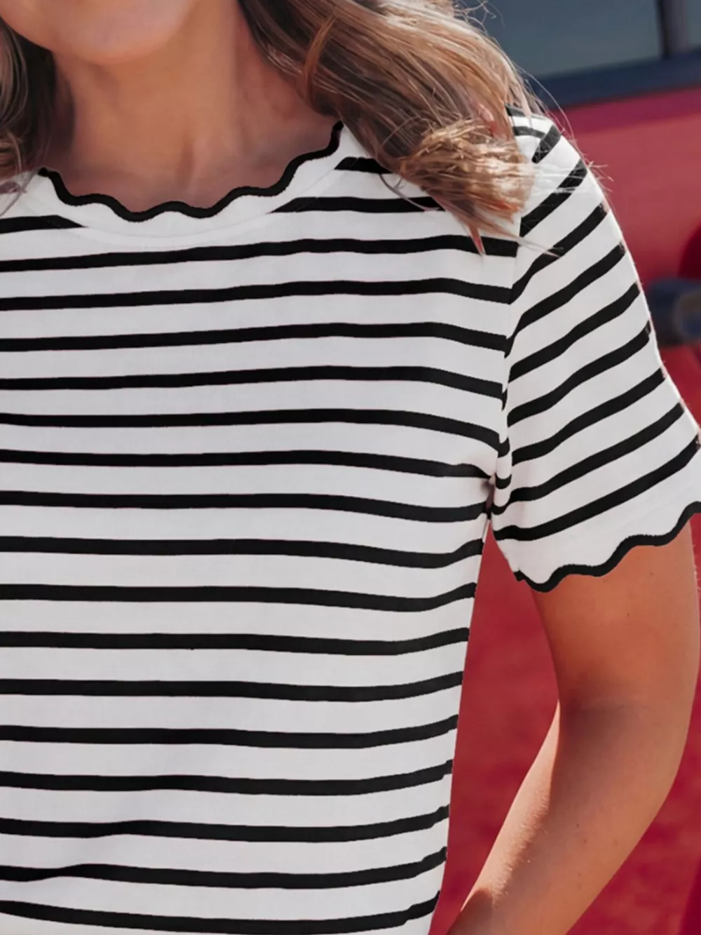 Striped Scallop-Trimmed Round Neck T-Shirt, image 6