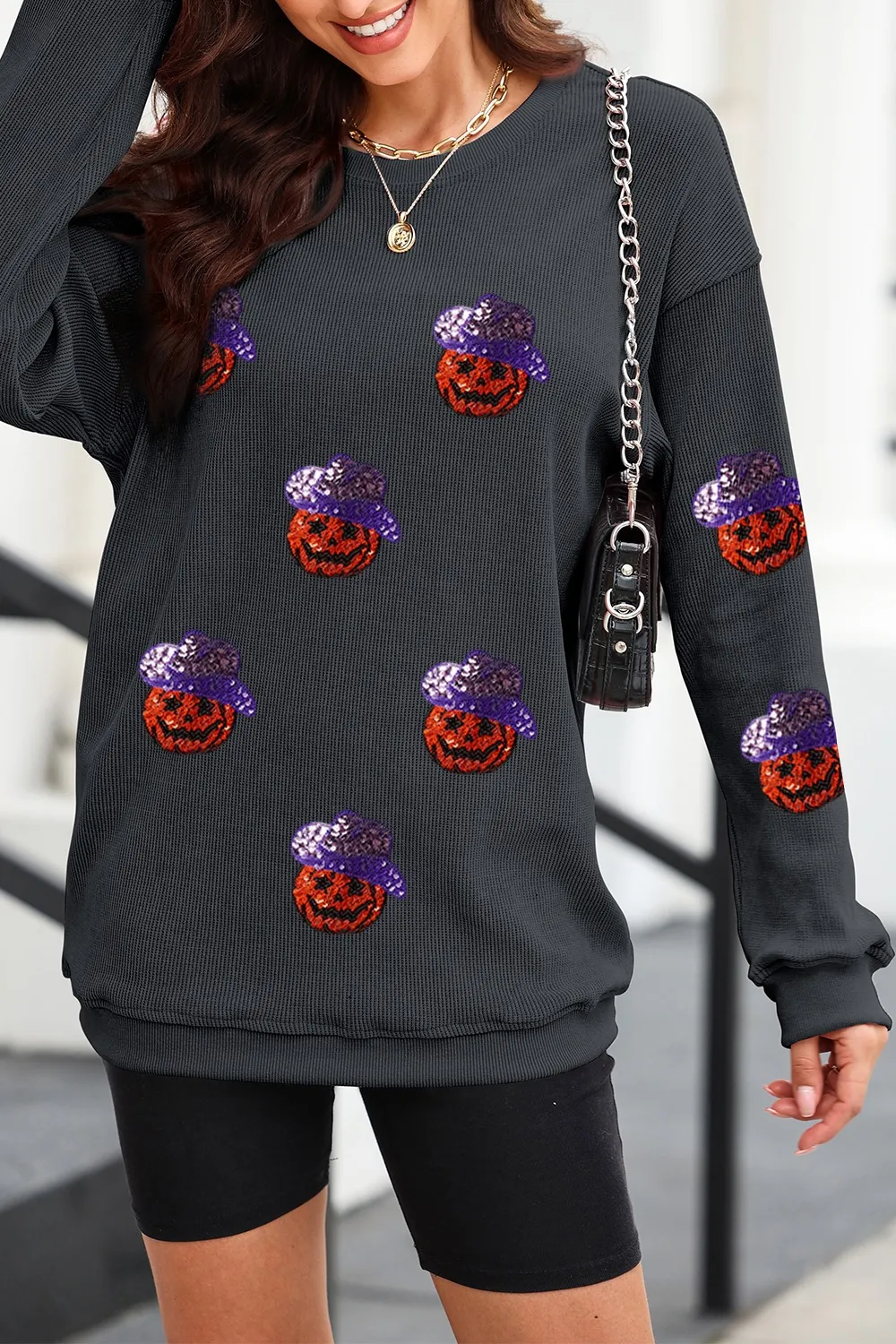 Sequin Pumpkin Long Sleeve Sweatshirt, image 4