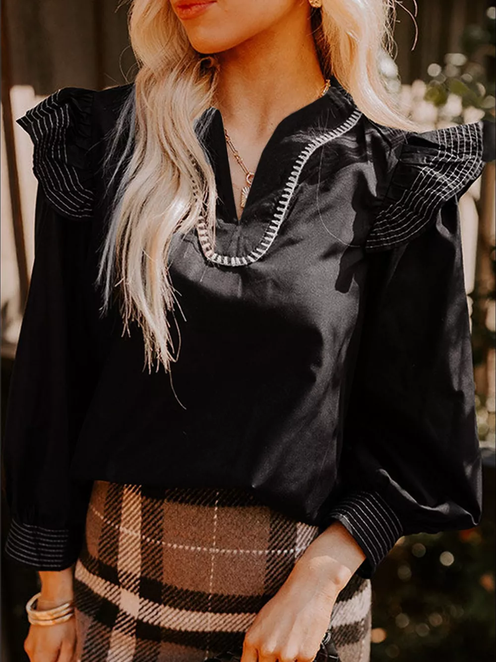 Ruffled Notched Long Sleeve Blouse