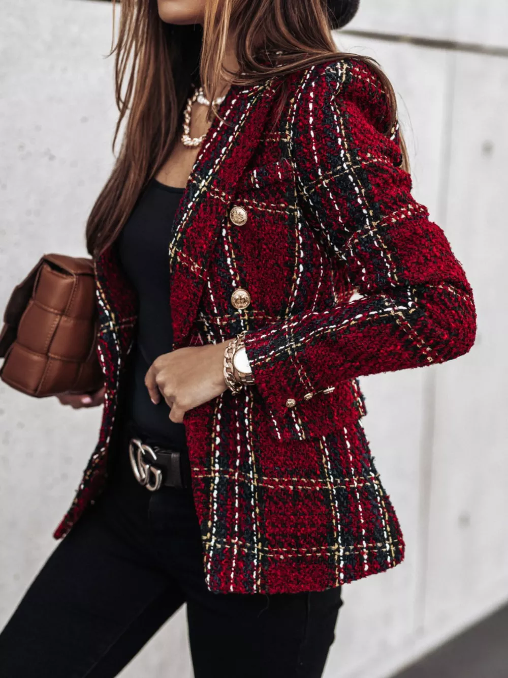 Full Size Plaid Tweed Double-Breasted Blazer Plus Size, image 7