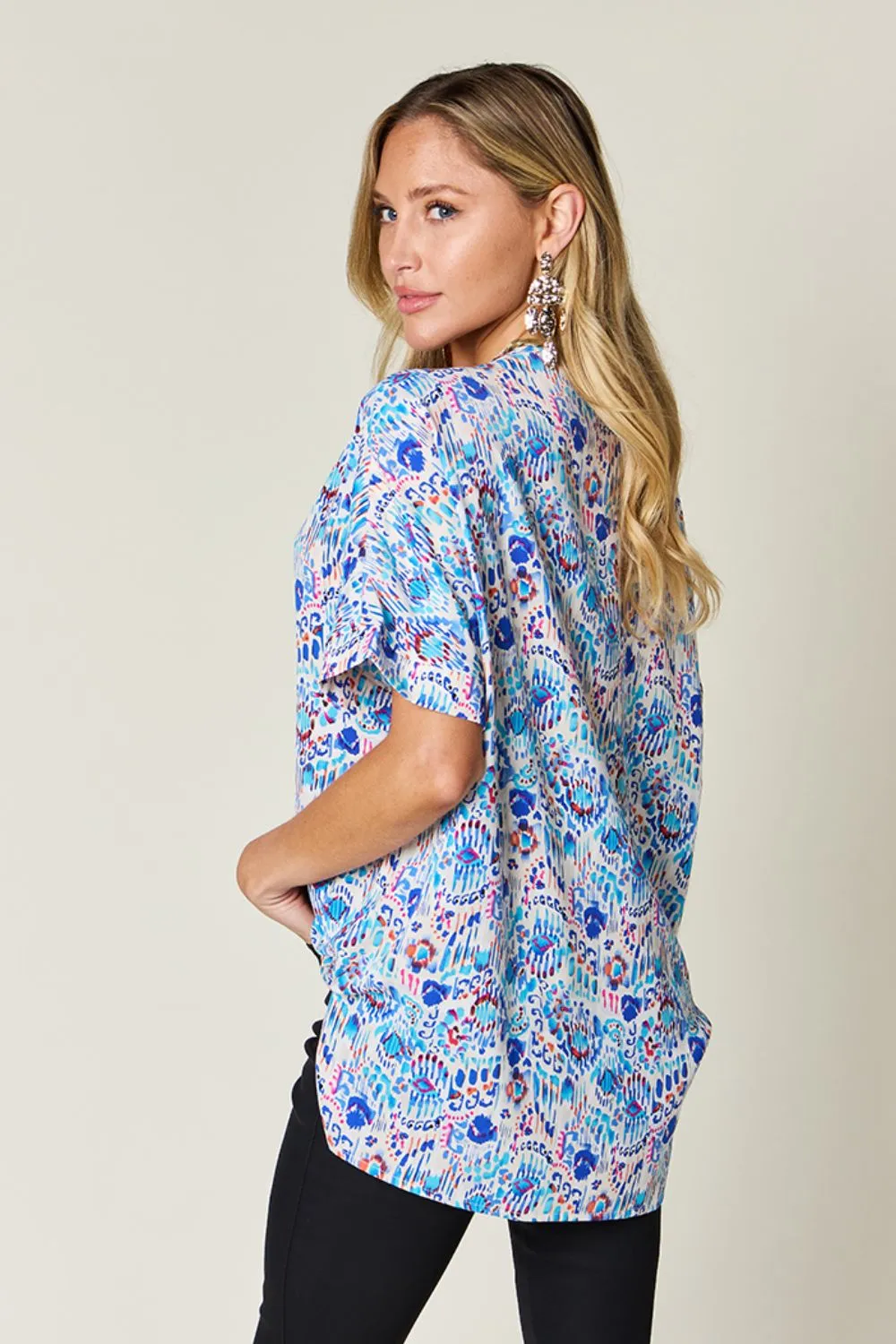 Full Size Printed V-Neck Short Sleeve Blouse, image 18