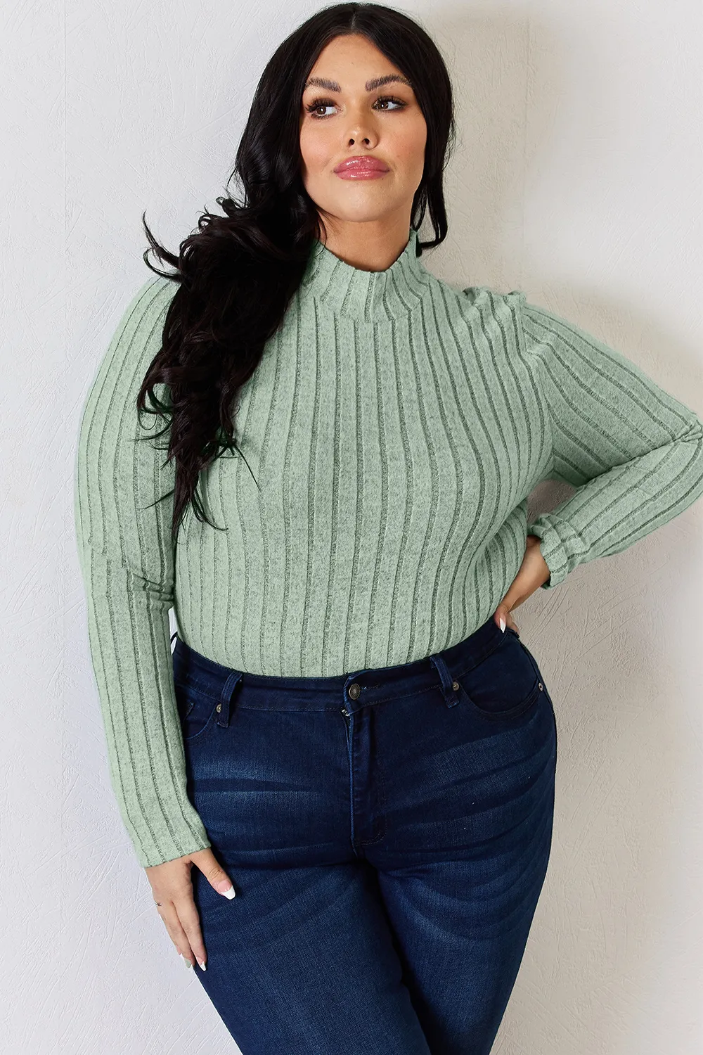 Full Size Ribbed Mock Neck Long Sleeve T-Shirt, image 24